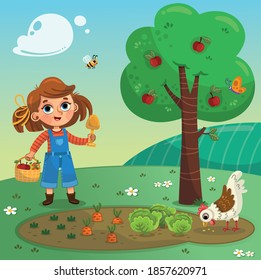 Little girl at the farm with the chicken. Vector illustration.