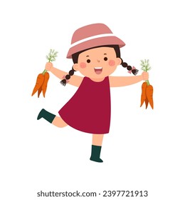 Little girl farmer holding carrots. Kid gardening and harvesting