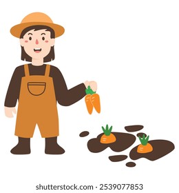 Pequena agricultora segurando cenouras Jardinagem infantil e colheita