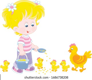 Little girl farmer standing with a bucket of feed grain and feeding a merry brood of small yellow chicks and a cute hen on a chicken farm, vector cartoon illustration on a white background