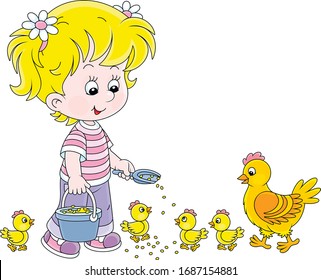 Little girl farmer standing with a bucket of feed grain and feeding a merry brood of small yellow chicks and a cute hen on a chicken farm, vector cartoon illustration on a white background