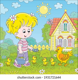 Little girl farmer standing with a bucket of feed grain and feeding a merry brood of small yellow chicks and a cute hen on a chicken farm on a sunny summer day, vector cartoon illustration