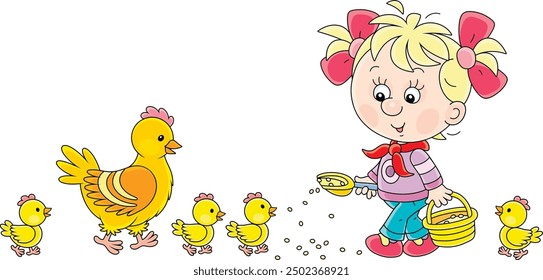 Pequeña niña agricultora de pie con un cubo de grano de alimentación y la alimentación de una cría alegre de Pequeños polluelos amarillos y una gallina linda en una granja de pollos, ilustración de dibujos animados de Vector sobre un fondo blanco