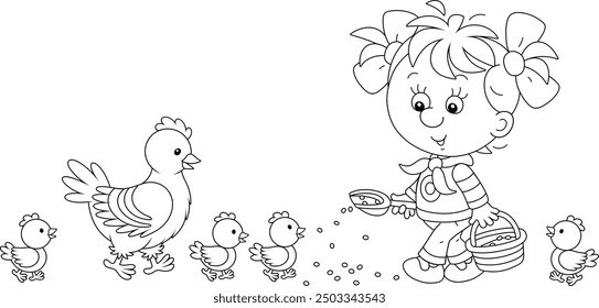 Little girl farmer standing with a small bucket of feed grain and feeding a brood of funny chicks and a cute hen on a chicken farm, black and white vector cartoon illustration for a coloring book page