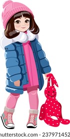  Kleines Mädchen modische Winterkleidung steht in voller Höhe und hält Spielzeughase   Hand Das Mädchen trägt einen blauen, puffigen Wintermantel rosa Hut rosa Stiefel Illustration Kinder Mode Herbst Winter Vektorgrafik