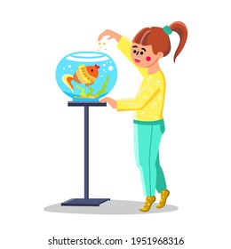 Little Girl Feed Fish In Fishbowl Aquarium Vector. Happy Small Child Feeding Cute Fish. Smiling Character Schoolgirl Kid Care And Playing With Exotic Goldfish Flat Cartoon Illustration