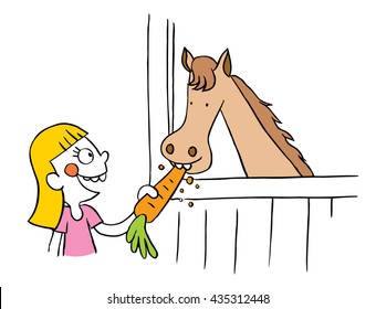 Little girl feeding horse carrot