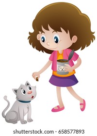 Little girl feeding pet cat illustration