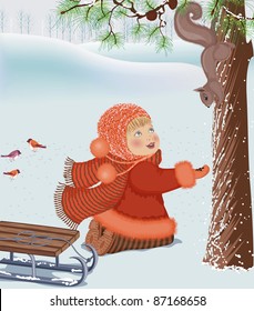 Little girl feeding a squirrel at winter park