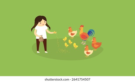 Little girl feeds chickens. Cute cartoon vector illustration on green background.