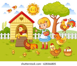 A little girl feeds chickens and hens around the chicken coop. Farm Vector illustration in children`s style.