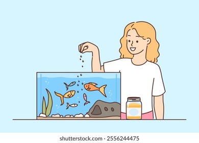 Little girl feeds fish in aquarium, enjoying caring for pets floating in water with pebbles and plants. Child falls asleep, seeds are sprinkled into water, colorful fish flapping fins