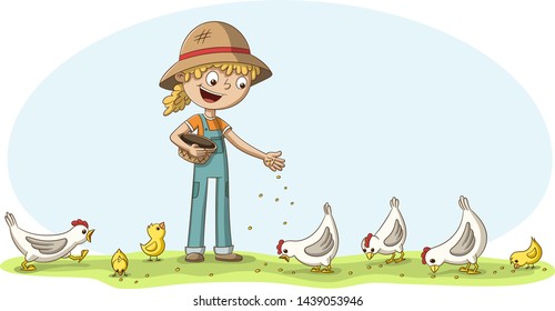 Little girl feeds some chickens and chicks. Cartoon character illustration.