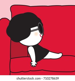 Little Girl Feeling Comfy On A Huge Sofa Concept Card Character illustration