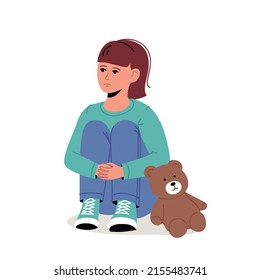 Little girl feeling lonely. Apathy, depression. Child Playing Alone With bear toy. Early signs of autism syndrome in children. Vector illustration.