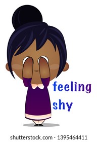 Little girl is feeling shy, illustration, vector on white background.