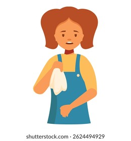 Menina se sentindo mal segurando um tecido e sofrendo de dor de estômago