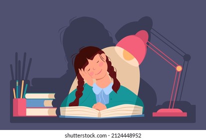 Little girl fell asleep in the evening at the table over a book. Schoolgirl is tired. Lamp is standing nearby on the table. Vector illustration in flat style