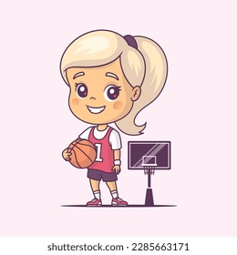 Little girl, female basket player holding a ball vector cartoon illustration in chibi style