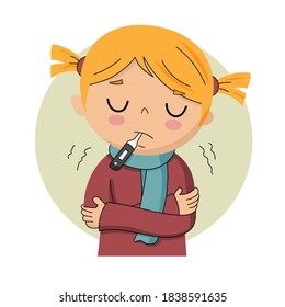 Little girl with fever and a thermometer in her mouth. Isolated vector