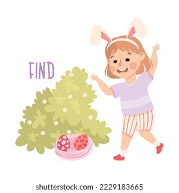 Little Girl Finding Easter Eggs Nest Demonstrating Vocabulary and Verb Studying Vector Illustration