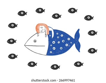 Little girl and fishes in the sea, hand drawn vector illustration svg