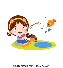 Little Girl Fishing with Dog Cartoon Vector Template Design Illustration
