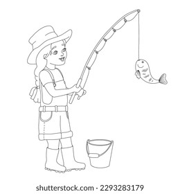 Little girl fishing. Full length of smiling girl holding fishing rod with fish on hook. Vector outline illustration isolated on white background.