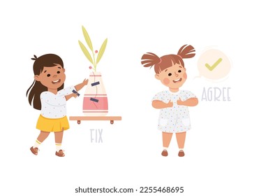 Little Girl Fixing Broken Vase and Agreeing Demonstrating Vocabulary and Verb Studying Vector Set