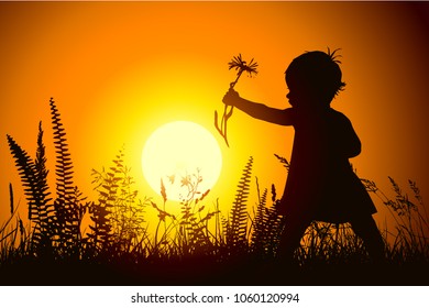 Little girl with a flower at dawn. Vector