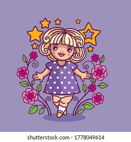 A little girl with flowers. Print for girls.