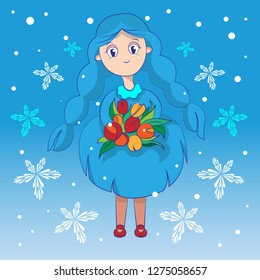 Little girl with flowers. Snow girl with blue hair. Vector Illustration