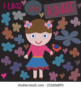 little girl with flowers vector illustration