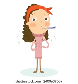 Little girl with flu. Having a cold with thermometer in his mouth. Vector Illustration.