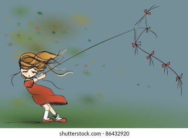 Little girl fly a kite / Autumn background