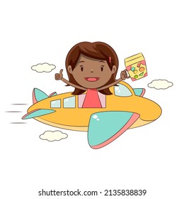 Little girl flying in airplane, happy cute child