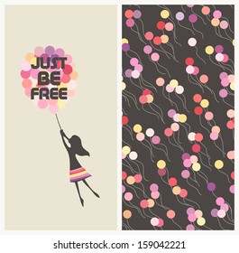 Little girl flying away on balloons. Motivational text idiom Just be free