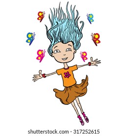 little girl flying with butterflies cartoon illustration isolated on white