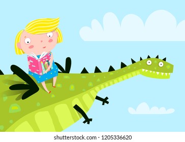 Little girl flying a Dragon reading book. Dragon or Dinosaur Flying with Girl and Balloons. Magic dragon the book and little girl.