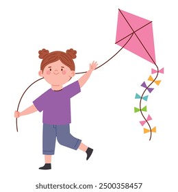 little girl flying kite cartoon isolated