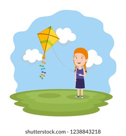 little girl flying kite in the field