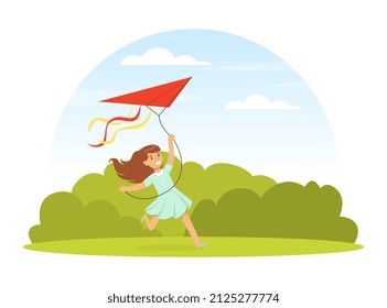 Little Girl Flying Kite Holding It by String Playing Outdoor Vector Illustration