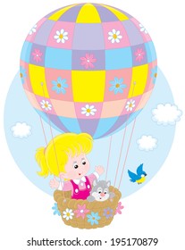 Little girl flying on a balloon