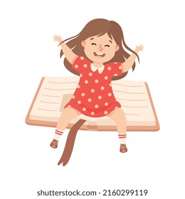 Little Girl Flying on Book Ready to Study Vector Illustration