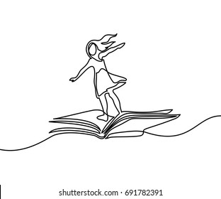 Little girl flying on book in the sky. Vector illustration. Continuous line drawing