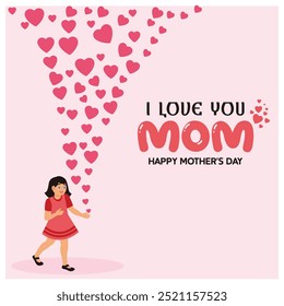 Little girl and flying pink paper heart. Symbol of love for Mother's Day. Mother's Day concept. Flat vector illustration.