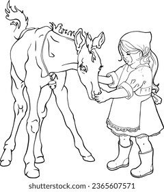 A little girl with a foal in full growth. Front view of the foal. For printing logos, emblems of veterinary hospitals, horse breeding. For printing books, coloring books, etc. Linear contour drawing.