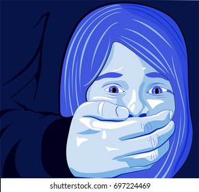 Little Girl Forced To Silence, Force Not To Talk, Hand In Front Of Her Mouth. Adult And Psychological And Physical Violence. Child Abuse, Violence On Women