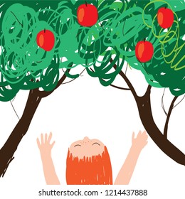 Little girl with freckles stretches her arms to a tree with red apples