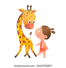 Little Girl and Friendly Giraffe looking at Each Other. Girl and giraffe character cartoon meeting looking curious. Cute colorful vector cartoon clip art illustration for children and kids education